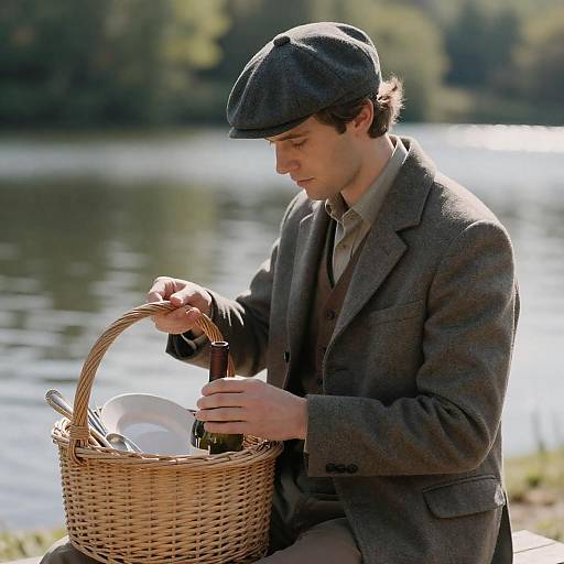 Man by Sunlit Lake with Picnic Basket