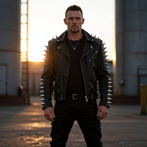 Photograph of a muscular man with short dark hair and beard, wearing a spiked black leather jacket and black shirt, standing in a sunlit industrial background
