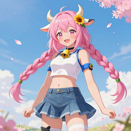 Anime-style digital drawing of a pink-haired cow girl with horns, sunflower hair accessory, white crop top, blue skirt, and thigh-high socks,