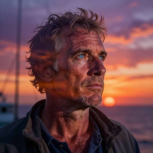 Photograph of a rugged, middle-aged man with blue eyes and tousled gray hair, gazing into a vibrant sunset over the ocean.