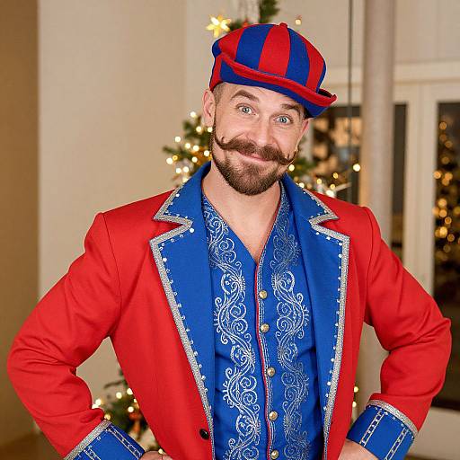 Photograph of a smiling man with a beard, wearing a red and blue striped hat, red jacket with blue embroidered trim, blue shirt, and standing