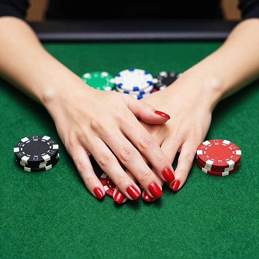 Photograph of a woman's manicured hands with red nails resting on a green poker table, surrounded by colorful casino chips.