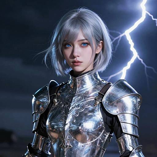 Digital art of a silver-haired woman in reflective, silver armor with blue eyes, illuminated by lightning in a stormy night sky.