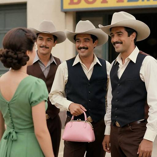 Three Cowboys with Pink Purse and Woman in Green Dress
