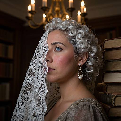 Photograph of a fair-skinned woman with curly silver hair, blue eyes, lace veil, pearl earrings, and brown dress, beside stacked books in