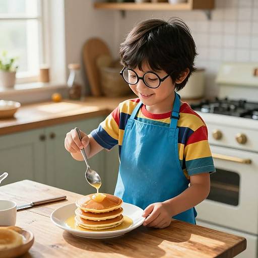 Curious Boy Cooking Pancakes in Cozy Kitchen