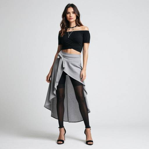Fashionable woman in black crop top and grey wrap skirt