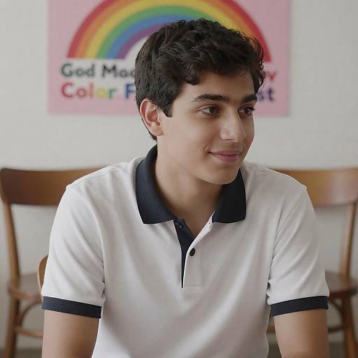 Young Man with Rainbow Sign Indoors