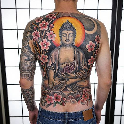 Intricate Buddha Tattoo on Shirtless Man