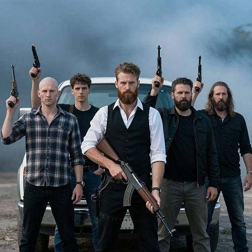 Intense Men with Guns in Smoky Setting