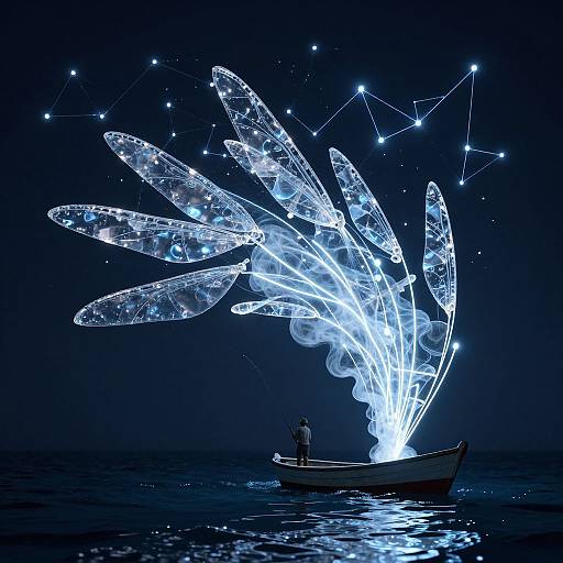 Photograph of a boat on a dark blue ocean, illuminated by glowing, translucent, star-filled wings extending from its back.