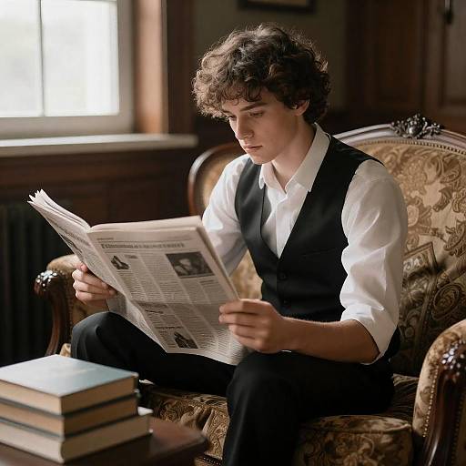 Young Man Reading on Ornate Couch