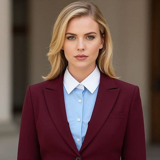 Photograph of a blonde woman with blue eyes, wearing a maroon blazer over a light blue shirt, standing indoors.