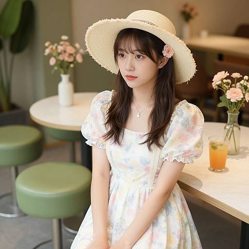 Photograph of an East Asian woman with long brown hair, wearing a white floral dress and straw hat, seated at a modern café with green stools and