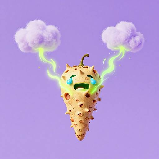 Digital illustration of a cute, smiling, glowing ice cream cone with spikes, emitting green lights and two fluffy white clouds on a purple background.