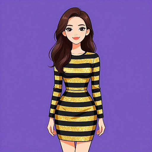 Digital anime-style drawing of a smiling woman with long brown hair, wearing a gold and black striped dress, against a solid purple background.