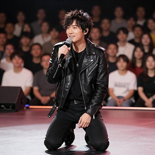 Male Singer Kneeling on Red Stage