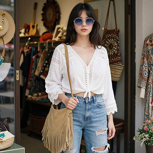 Photograph of a young woman with fair skin, dark hair, blue-rimmed sunglasses, white lace crop top, high-waisted ripped jeans