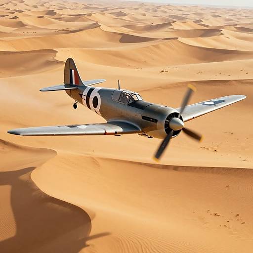 Photograph of a silver WWII-era military fighter plane with spinning propeller flying over a vast, sunlit, golden desert landscape.