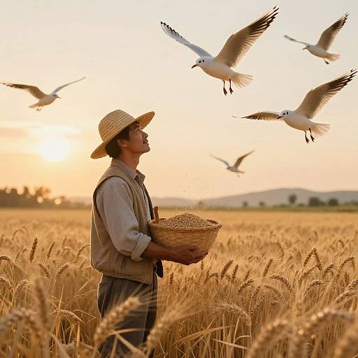 Photograph of a farmer in a straw hat, holding a basket of grains, standing in a golden wheat field at sunset, with seagulls flying