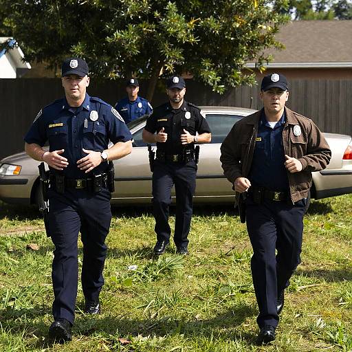Police Officers Running in Grassy Backyard