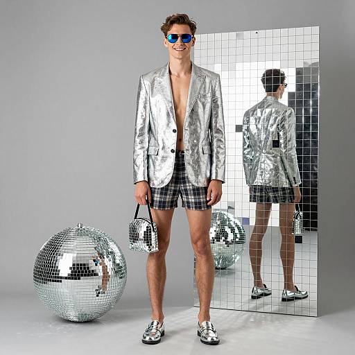 Man in Silver Disco Ball Outfit with Mirrored Backdrop