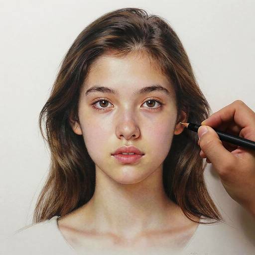 Photorealistic portrait of a young woman with fair skin, brown eyes, and long brown hair, being touched by a hand on her ear. White