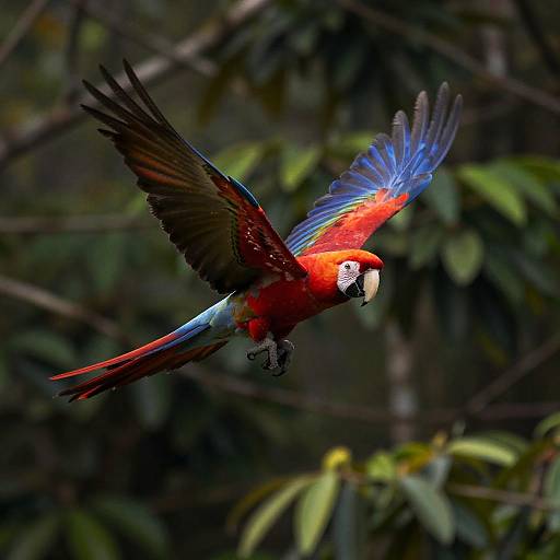 Scarlet Macaw Mid-Flight in Rainforest