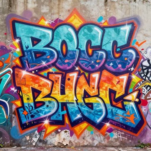 Vibrant graffiti art on a concrete wall featuring bold, 3D-style blue and orange letters with purple and yellow highlights.
