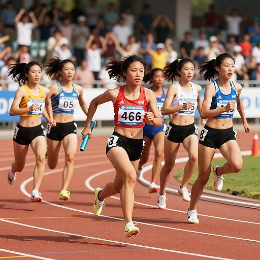 Determined Track Girls in Relay Race