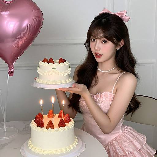 Asian woman in pink dress and pearl necklace, holding strawberry-topped cake, with lit candles, pink balloon, white wall background. Photorealistic digital