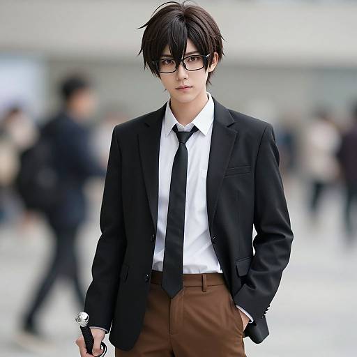 Photograph of a young Asian man with black hair, glasses, black blazer, white shirt, black tie, and brown pants, standing in a