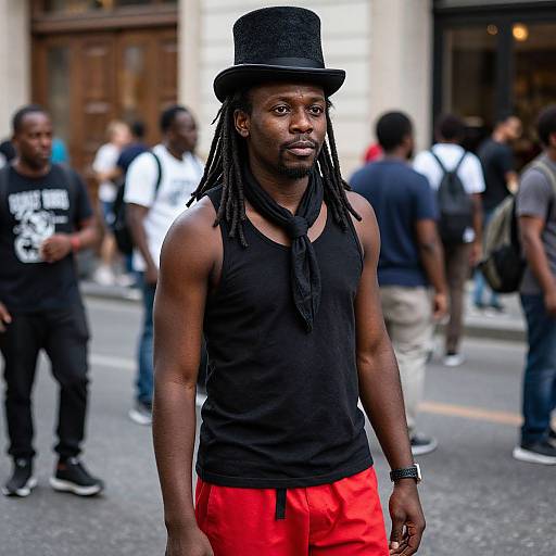 Photograph of a muscular Black man with long dreadlocks, wearing a black sleeveless tank top, red shorts, black scarf, and black top hat