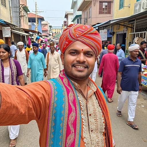 Photograph of a smiling Indian man in vibrant orange kurta and red turban, adorned with blue and pink embroidery, taking a selfie in a bustling