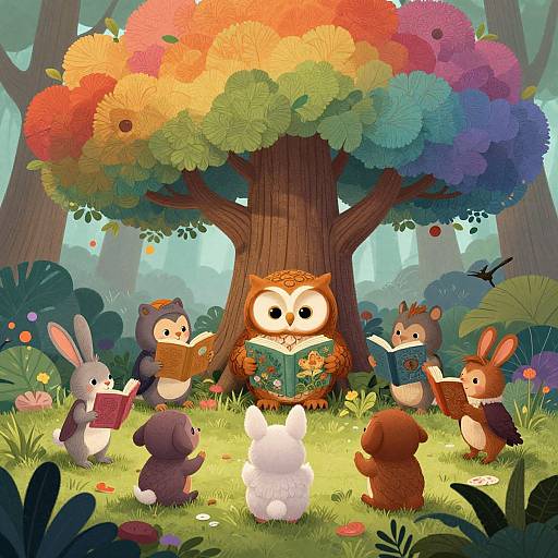 Whimsical forest scene: colorful owl reads to six woodland animals, including rabbits and squirrels, under a vibrant, multi-colored tree. Digital illustration