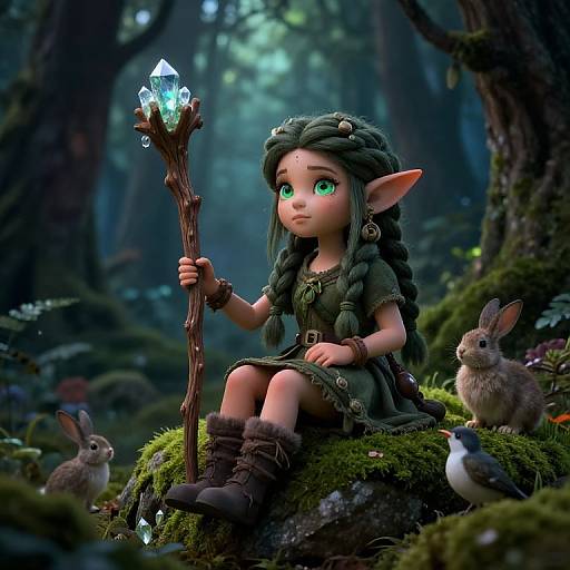 Digital artwork of a cute, green-eyed, elf-like girl with braided hair and pointed ears, sitting in a forest, holding a glowing crystal staff