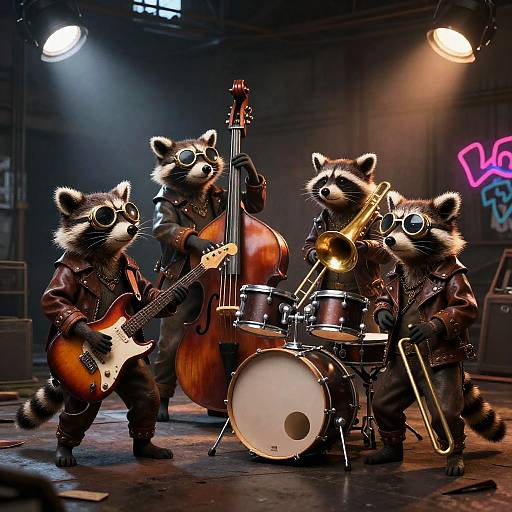 Steampunk Raccoon Rock Band in Warehouse