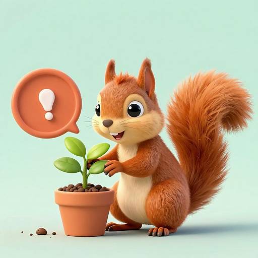 CGI image of a cute, anthropomorphic red squirrel with big eyes, watering a small green plant in a terracotta pot, with a surprised