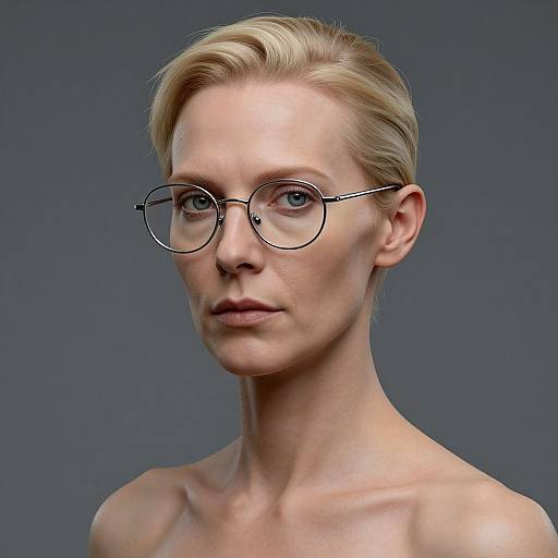 Photograph of a fair-skinned, blonde-haired woman with short, sleek hair wearing round, wire-frame glasses, and no shirt, against a solid