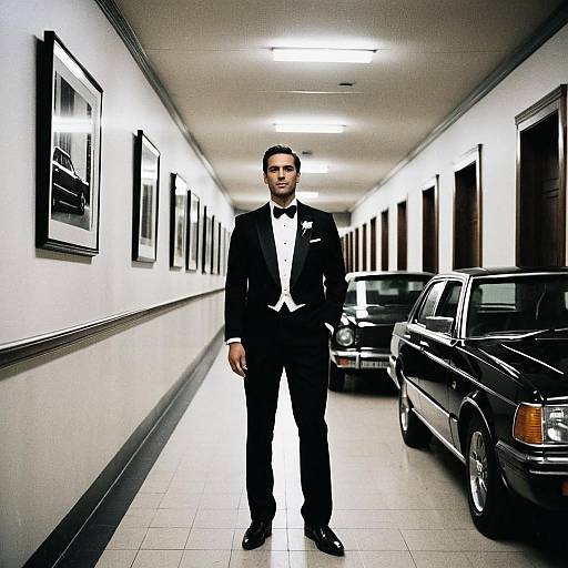 Photograph of a tall, handsome man in a black tuxedo standing in a white-walled, lit hallway with black cars and framed photos.