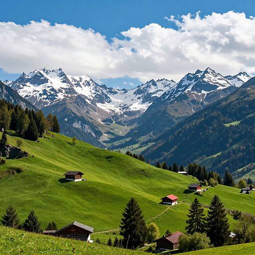 Photograph of a vibrant mountain landscape with snow-capped peaks, lush green hills, scattered wooden chalets, and a bright blue sky with fluffy clouds