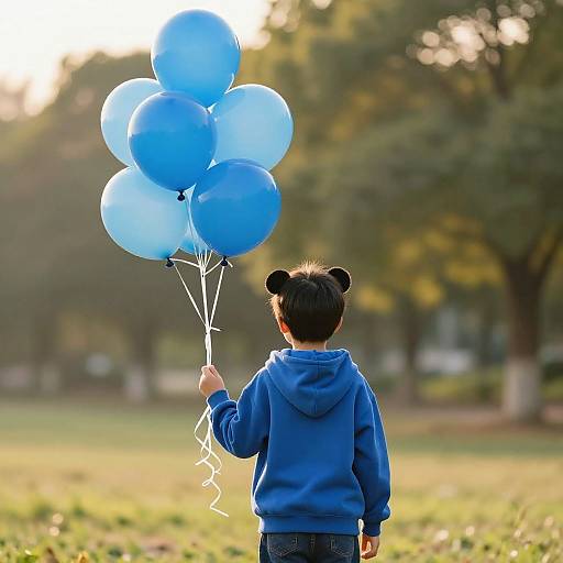 Photograph of a child with black hair in blue hoodie and headband, holding blue balloons, standing in sunny park field.