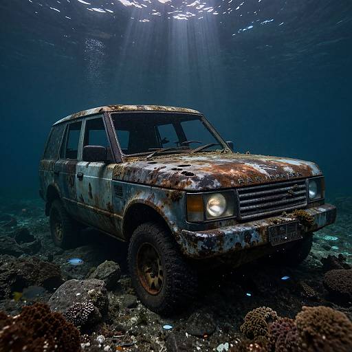 Photograph of a rusted, underwater SUV with glowing headlights, surrounded by coral and small fish, illuminated by sunlight from above.