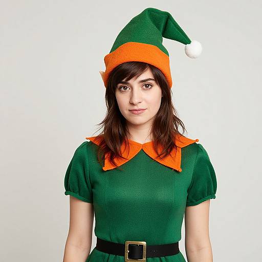 Photograph of a young woman with fair skin, brown hair, and green elf costume with orange collar and hat, white background.