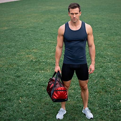 Photograph of a muscular, fair-skinned man with short brown hair, wearing a black tank top, black shorts, and white sneakers, holding a