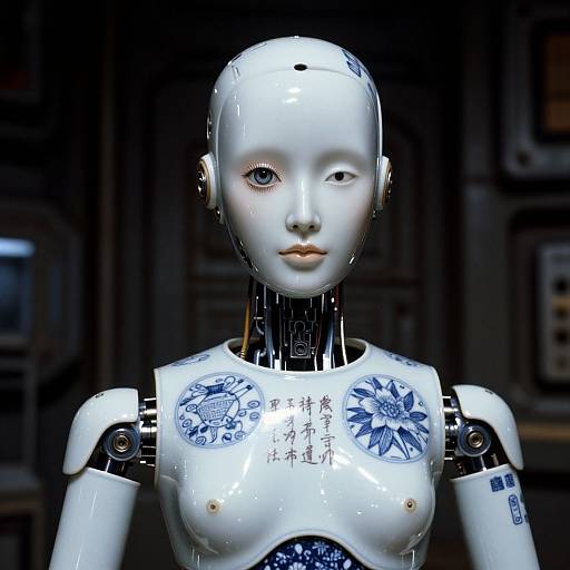Photorealistic CGI of a white, robotic female android with blue floral tattoos on chest, Chinese characters, and blue eyes, set against a dimly