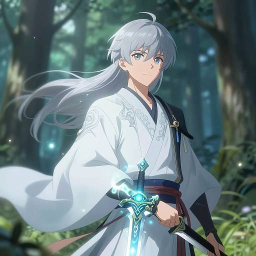 Anime-style digital artwork of a silver-haired, blue-eyed young man in a white kimono holding a glowing, ornate sword in a forest.