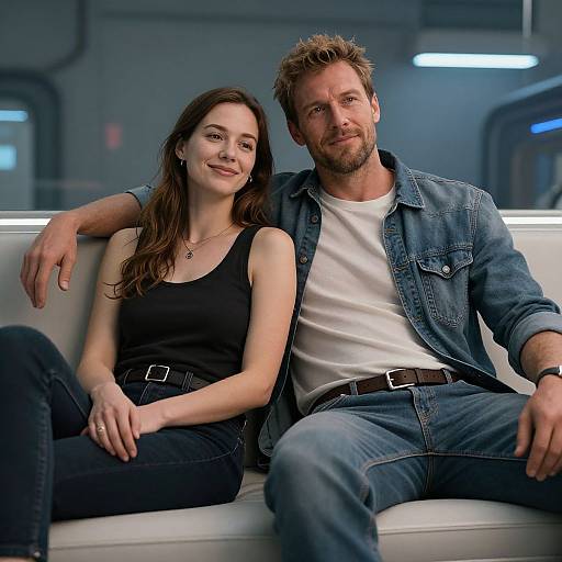 Photograph of a smiling couple sitting closely on a white couch; she wears a black tank top and jeans, he in a denim shirt and white t