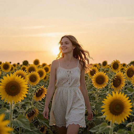 Photograph of a smiling young woman with wavy brown hair in a white lace sundress, standing in a sunlit sunflower field at sunset.