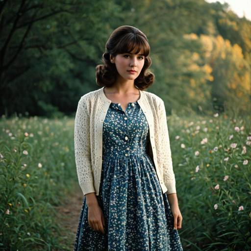 Young Woman in 1960s Floral Dress and Cardigan Outdoors
